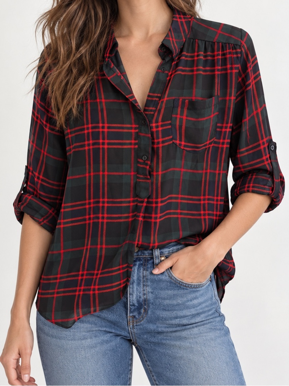 Akira Chicago Red Plaid Roll Up Sleeve Blouse Small